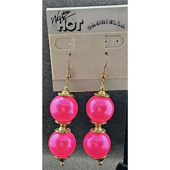 Watz Hot Pink Dangle Pearl 2 Layers Long French Hook Earrings - Picture 1 of 4